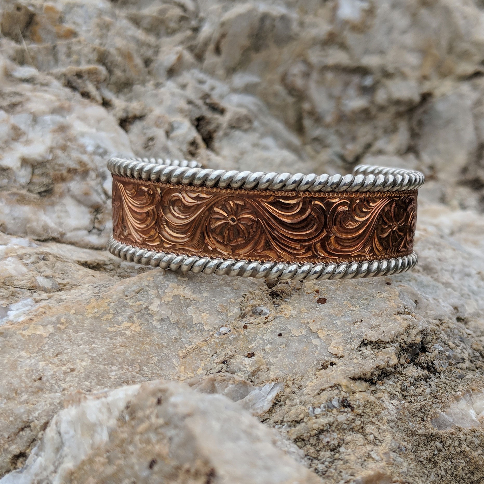 Copper Engraved Western Bracelet, Silver Copper Engraved Western Bracelet, Silver