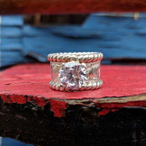 Sterling Silver Engagement Ring, Hand Engraved Western Wedding