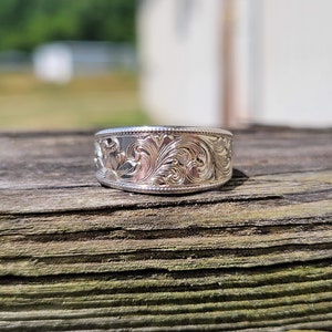 Wild Flower: White gold floral hand engraved ring, Western engraved band, Gift for her, Cowgirl Wedding Band, Tapered Ring, Western Band