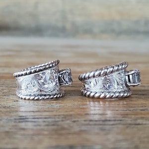 Sterling Silver Engraved Ring with Unique Oval Setting and Rope Edge, Western Ring, Cowgirl Engagement Ring, Hand-Engraved Ring