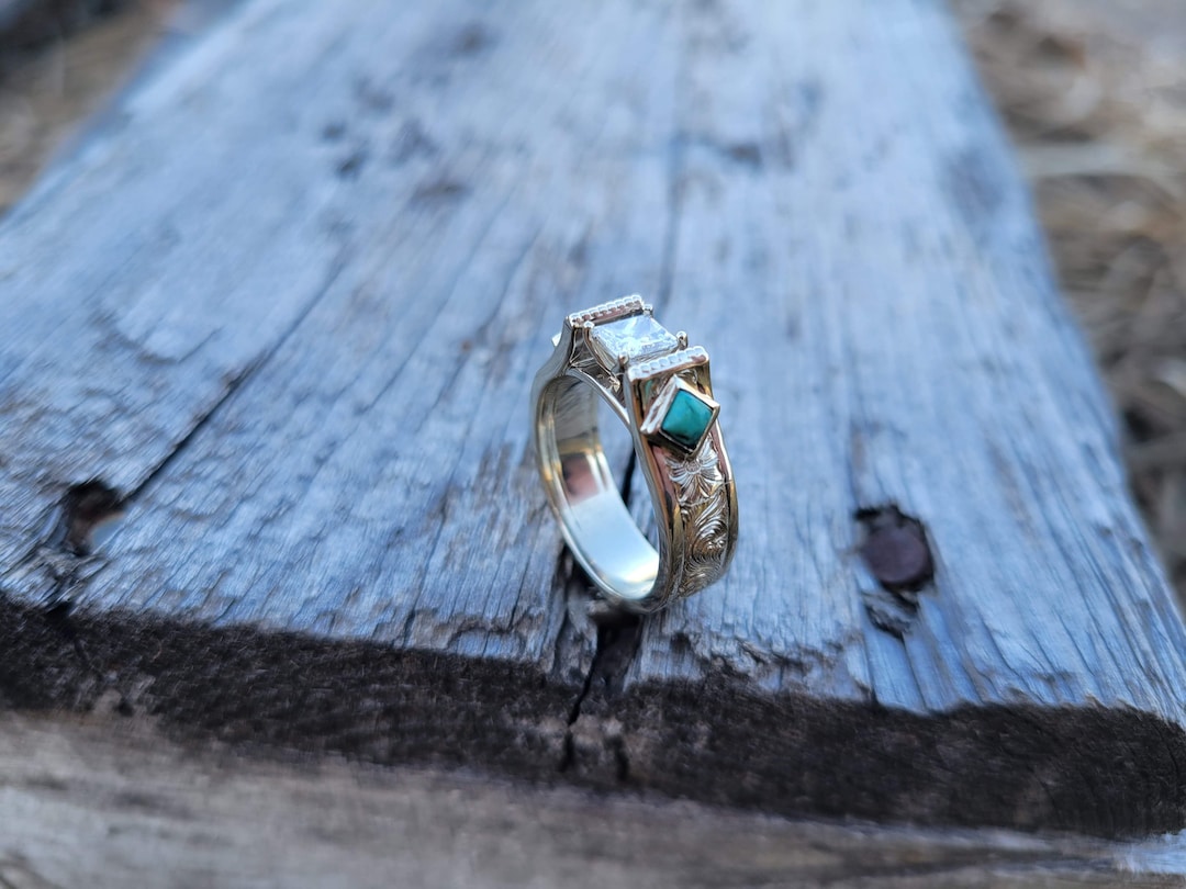 指輪・リング Arizona White Turquoise Ring Hand Made The Arizona: 10K White Gold Cathedral Style Ring, Western