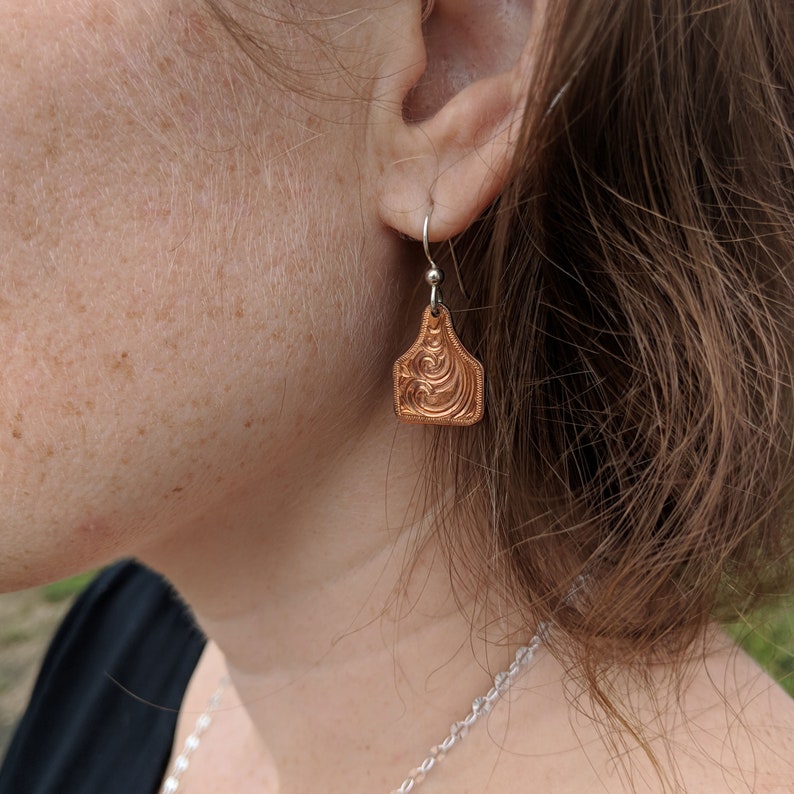 Copper Engraved Cow Tag Earrings, Western Earring Design EAR00004 by