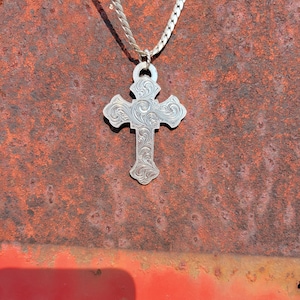 Sterling Silver Hand Engraved Cross Necklace, I believe Cross Pendant, Personalizable, Gifts for him or her