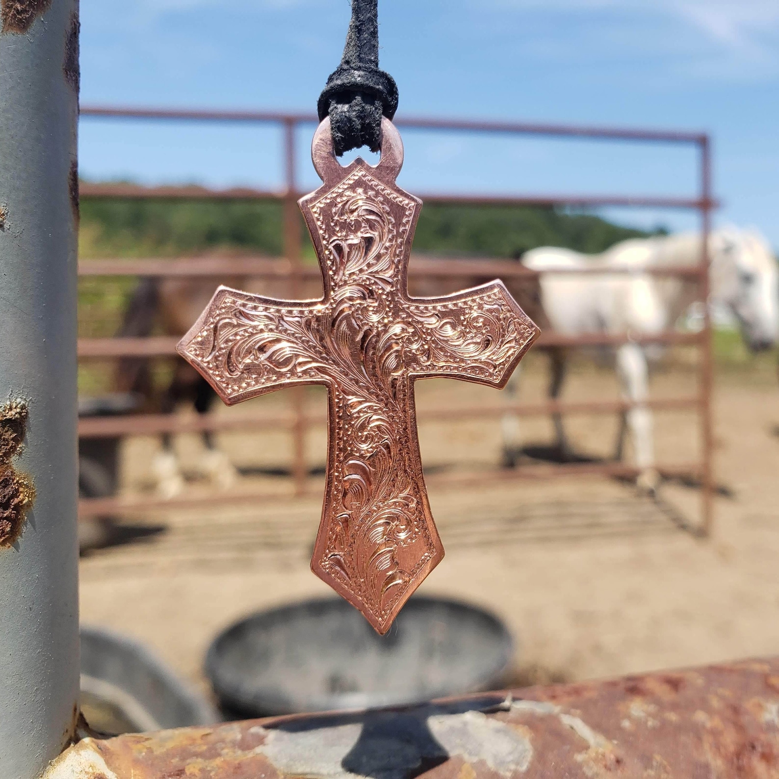 Copper Engraved Cross Pendant, Western Look Cross Necklace, Women's