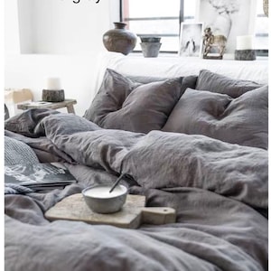 Linen Duvet Cover, 100% natural stonewashed linen duvet cover in mid-gray color, custom size,Made To Order.