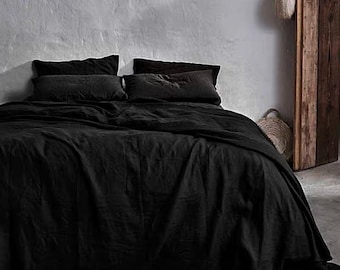 Linen Duvet Cover, 100% stonewashed linen duvet cover or duvet cover set in black, Custom size, Made To Order.