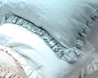 Ruffled Linen Pillowcase ,100% natural stonewashed linen pillowcase,custom size, Made To Order.