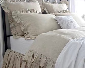 Ruffled Linen Duvet Cover,100% natural stonewashed  linen duvet cover in Flax, custom size,Made To Order.