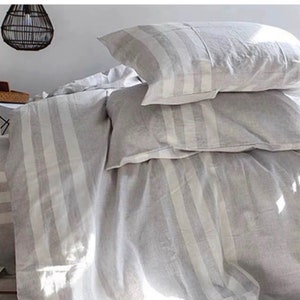 Linen Duvet Cover, 100% natural stonewashed linen duvet cover in light gray with white stripes, custom size, Made To Order.