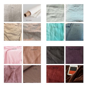 May include: A collection of fabric swatches in various colors, including flax, beige, light gray, off white, gray green, light blue, post blue, aqua blue, lotus pink, dusty pink, dark gray, dark purple, gray purple, coffee, wine, and dark brown.