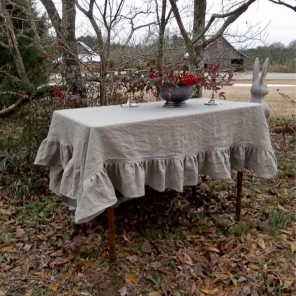 Ruffled Linen tablecloths,100% natural  stonewashed linen tablecloths , custom size,Made To Order.