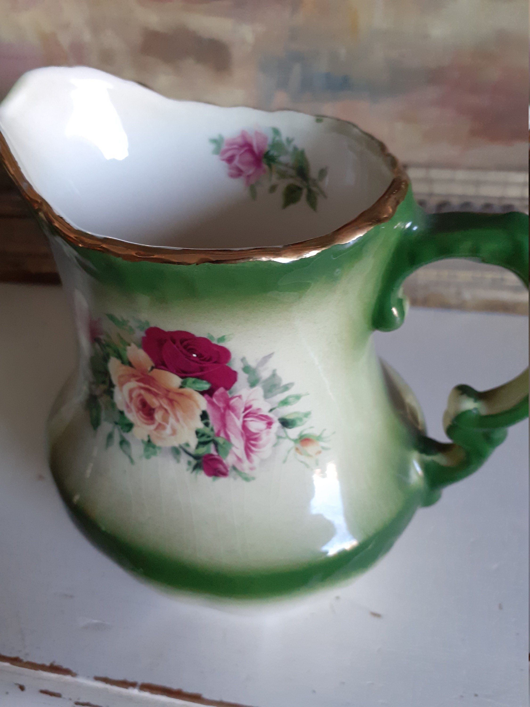 Antique Floral Green Jugs Set Of Two Ceramic Pitchers Etsy