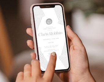 First Communion Invitation Boy Phone Screen | Digital Communion Evite Canva Template | Minimalist Silver Wax Seal | 2 Sizes Instant Download