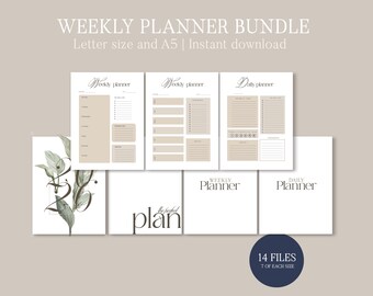 Minimalist Weekly & Daily Planner Bundle, Printable Productivity Pages, Elegant Digital Planner Insert, To Do List, Letter A5 Size, Neutral