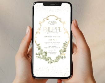 Baptism Invitation Boy Phone Screen | Digital Christening Evite Canva Template | Eucalyptus Gold | 2 Sizes Instant Download