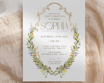 Luxury Floral First Communion Invitation Girl, Gold Frame Eucharist Template, Editable Canva Invite, Girl Communion Announcement, Photo Card