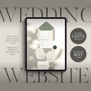 Puede incluir: Un diseño digital de invitación de boda que se muestra en una tableta. El diseño presenta un sobre verde, una tarjeta de invitación, tarjetas RSVP y de detalles. El texto incluye "Chris & Jules", "RSVP" y "Our love story website".