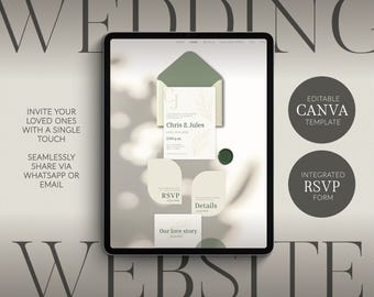 Sage Green One Page Wedding Website Canva with RSVP: Botanical Garden Ivory Wax Seal, Scroll Wedding Site, Editable Digital Invitation