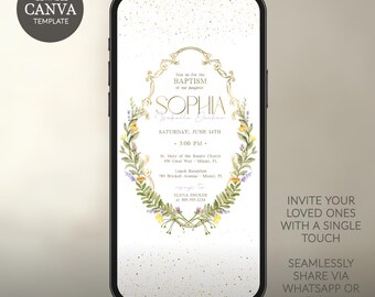 Baptism Invitation Boy Phone Screen | Digital Christening Evite Canva Template | Eucalyptus Gold | 2 Sizes Instant Download