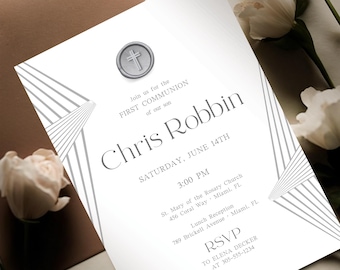 Luxury Minimalist First Communion Invitation Boy, Gold Frame Eucharist Celebration Template, Editable Canva Invite, Boy Communion Photo Card