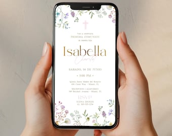 Girl First Communion Invitation in Spanish, Editable Canva Template My Communion Botanical Flowers, Digital Invitation WhatsApp Phone Screen