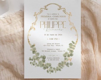Elegant Floral First Communion Invitation Girl, Gold Botanical Eucharist Template, Editable Canva Invite, Girl Communion Announcement 5x7