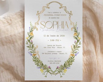 Elegant Floral First Communion Invitation Girl, Editable Canva Template, My Communion Gold Botanical, Printable Double Sided Invite 5x7