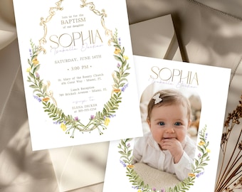 Luxury Floral Baptism Invitation Girl, Gold Frame Christening Template, Editable Canva Invite, Baby Girl Baptism Announcement Photo Card 5x7