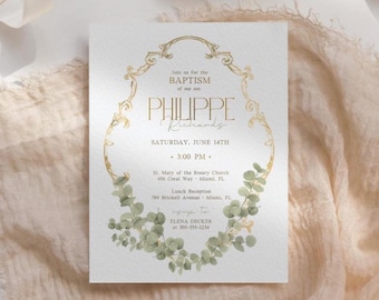 Luxury Eucalyptus Baptism Invitation Boy, Gold Frame Christening Template, Editable Canva Invite, Baby Boy Baptism Announcement, Photo Card