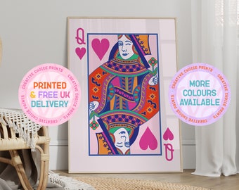 Hartenkoningin speelkaartprint | Niet ingelijst | A6 A5 A4 A3 | Woondecoraties | Kleurrijke print | Liefde muurkunst | Muurkunst slaapkamer