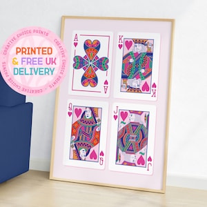 Hearts Playing Cards Print | Unframed | A6 A5 A4 A3 | Home Decor | Colourful Print | Love Wall Art | Bedroom | Ace |  King | Queen | Jack