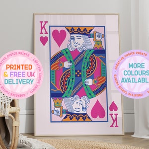 Stampa di carte da gioco "Re di Cuori" / Senza cornice / A6 A5 A4 A3 / Decorazione per la casa / Stampa colorata / Arte murale "Love" / Arte murale per la camera da letto / Sfacciata / Divertente