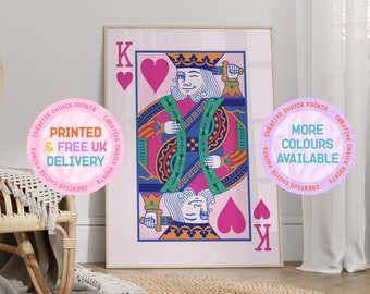 King of Hearts-speelkaartprint | Niet ingelijst | A6 A5 A4 A3 | Woondecoraties | Kleurrijke print | Liefde muurkunst | Muurkunst slaapkamer | Sassy | Leuk