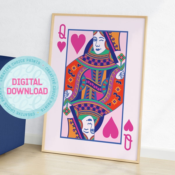 Queen of Hearts Playing Card Print | DIGITAL DOWNLOAD | Printable Wall Art | Poster | Home Decor | Love | Fun