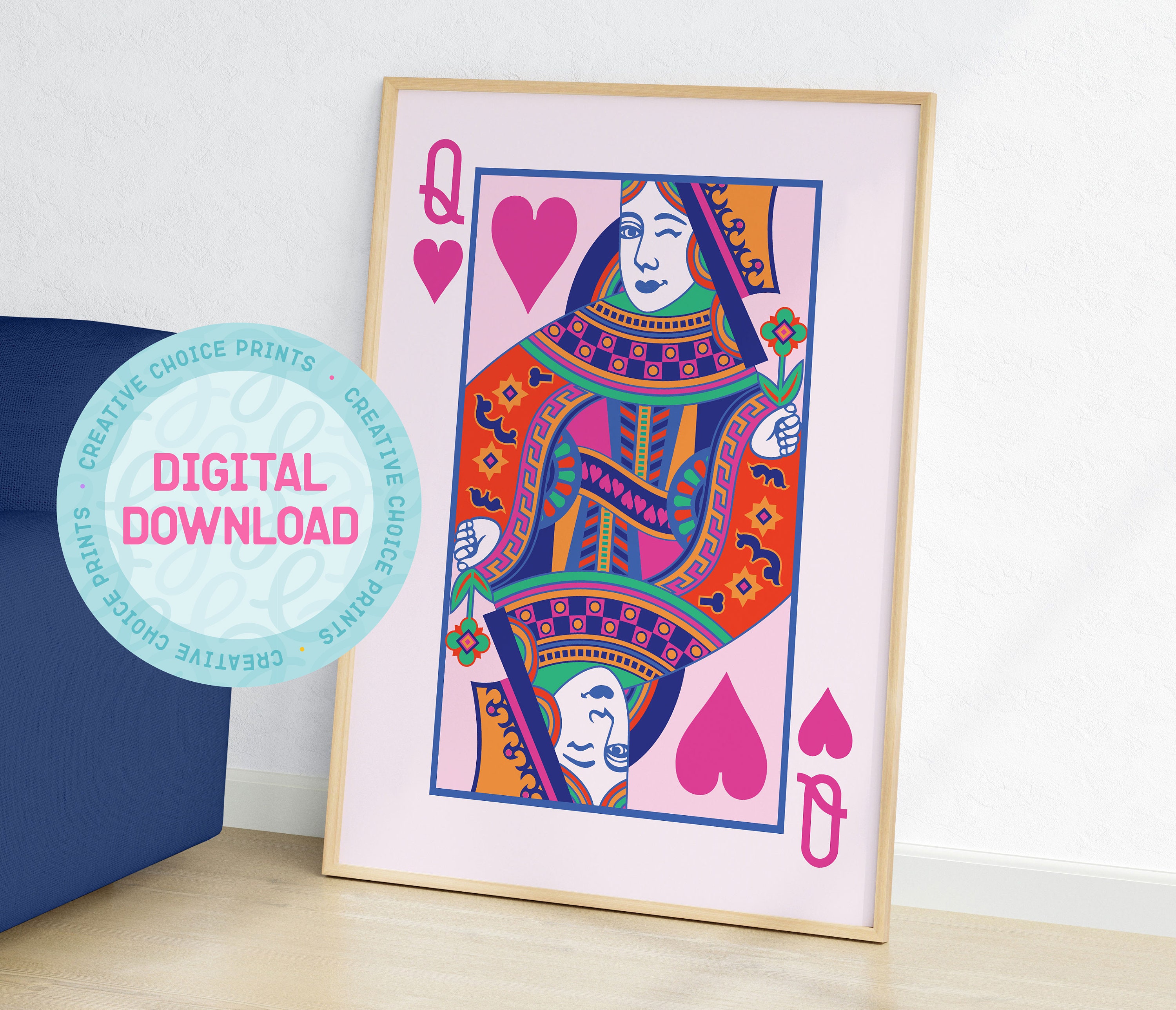 Queen of Hearts Playing Card Print | DIGITAL DOWNLOAD | Printable Wall Art | Poster | Home Decor | Love | Fun