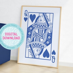 Queen of Hearts Blue Playing Card Print | DIGITAL DOWNLOAD | Printable Wall Art | Poster | Home Decor | Love | Fun | Blue