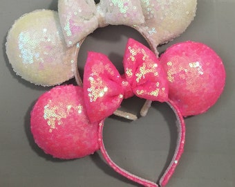 Iridescent pink white mickey ears Sequin mickey ears frozen ears minnie mouse ears inspired by frozen light blue ears