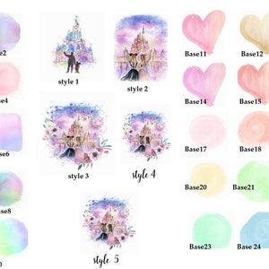 May include: Watercolor illustrations featuring a fairytale castle with various styles and color palettes. The image includes options for personalized artwork, with different base colors and heart shapes.