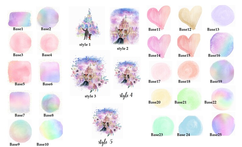 May include: Watercolor illustrations featuring a fairytale castle with various styles and color palettes. The image includes options for personalized artwork, with different base colors and heart shapes.