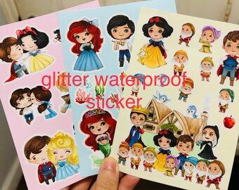 Kawaii stickers, glitter disney stickers, waterproof glitter sticker, princess disney stickers,mermaid, aladin