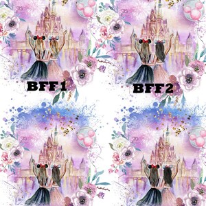 May include: Watercolor illustration featuring two girls with their arms raised in front of a castle. The image has a dreamy, whimsical feel with a color palette of purple, pink, and blue. The text "BFF" and a number are at the bottom.