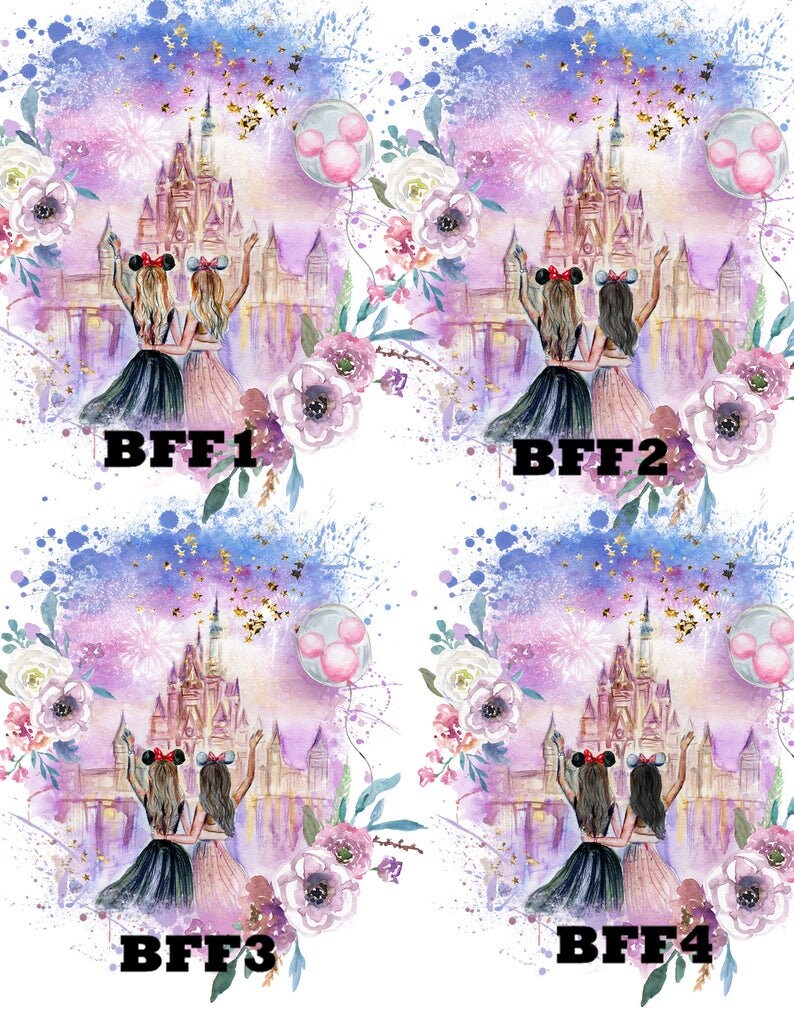 May include: Watercolor illustration featuring two girls with their arms raised in front of a castle. The image has a dreamy, whimsical feel with a color palette of purple, pink, and blue. The text "BFF" and a number are at the bottom.