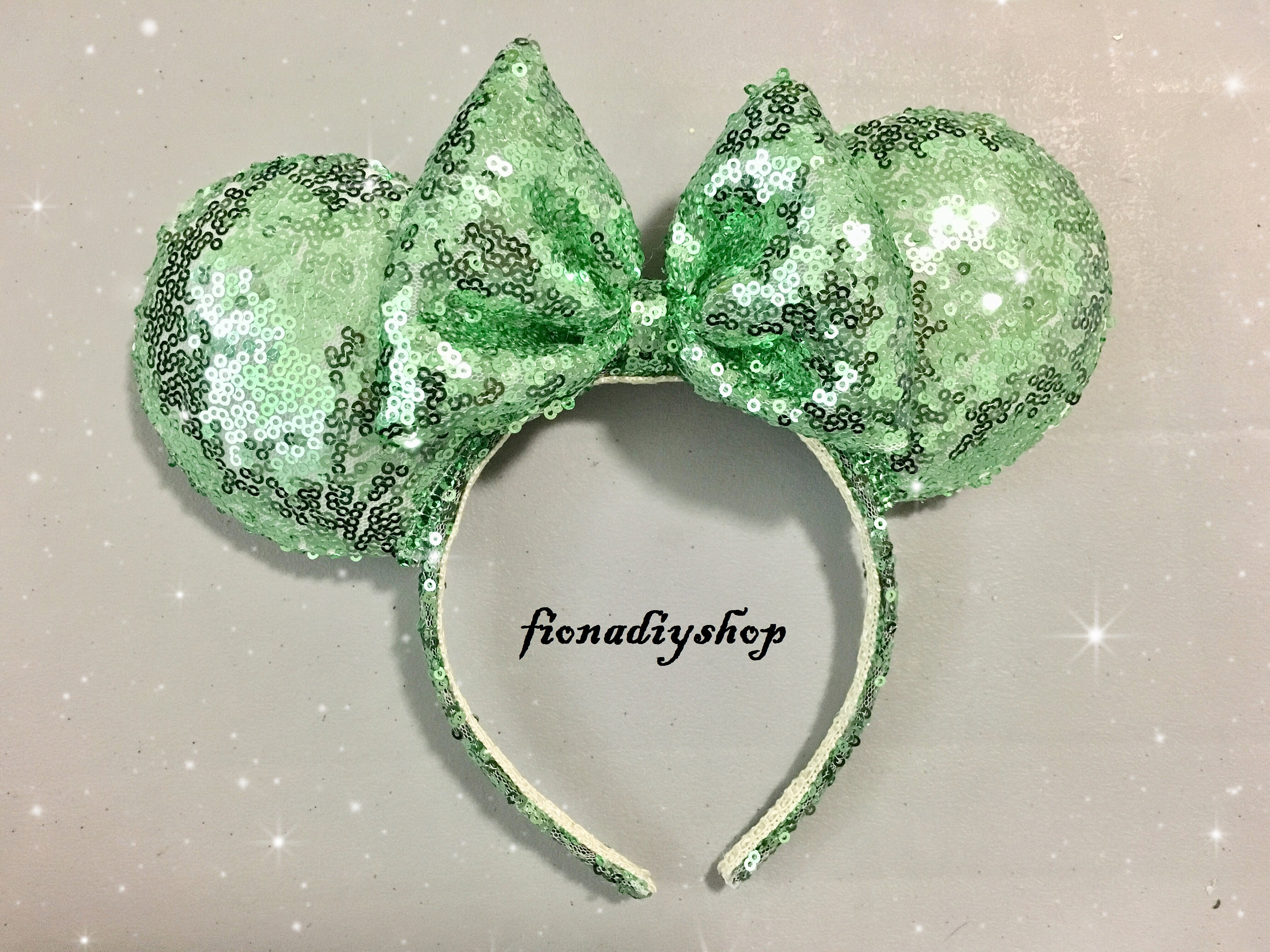 Green Sequin Bow Louis V Minnie Ears, Designer Minnie Ears