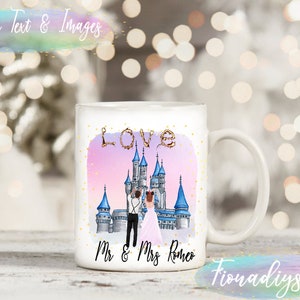 May include: White ceramic mug with a pink and purple ombre background featuring a cartoon illustration of a castle, a couple, and the words "LOVE" and "Mr. & Mrs. Romeo".