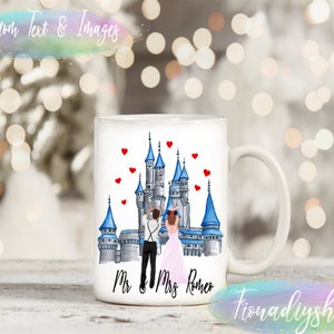 May include: White ceramic mug with a watercolor illustration of a couple standing in front of a blue and gray castle with red hearts floating above them. The text "Mr. & Mrs. Romeo" is printed on the bottom of the mug.