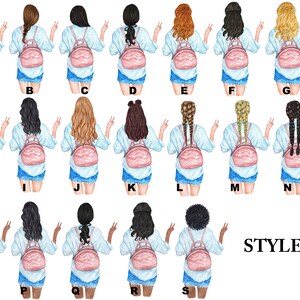 Pu&ograve; includere: Un set di 18 illustrazioni di donne con diversi stili di capelli e abiti. Ogni donna indossa una camicia blu chiaro, uno zaino rosa e pantaloncini di jeans. Le illustrazioni sono etichettate con lettere dalla A alla S.