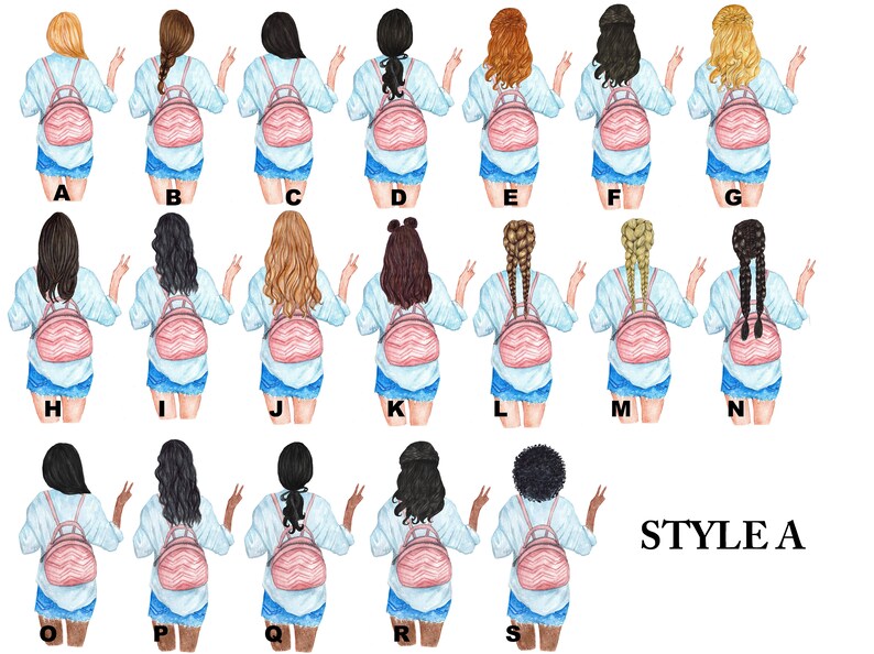 Pu&ograve; includere: Un set di 18 illustrazioni di donne con diversi stili di capelli e abiti. Ogni donna indossa una camicia blu chiaro, uno zaino rosa e pantaloncini di jeans. Le illustrazioni sono etichettate con lettere dalla A alla S.