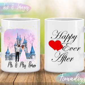 May include: White ceramic mug with a pink and purple castle illustration and the text "Mr. & Mrs. Romeo" on one side. The other side has a red heart and the text "Happy Ever After".