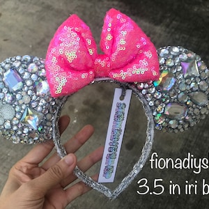 Rhinestone silver mickey ears, Minnie Ears, sequins mickey mouse ears- your choice of bow color