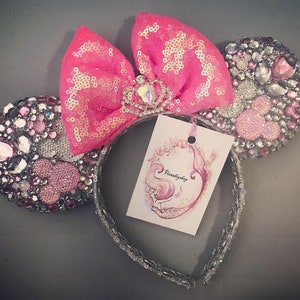Pre order Custom Rhinestone mickey ears with tiara, Minnie Ears, sequins mickey mouse ears,couple mickey mice